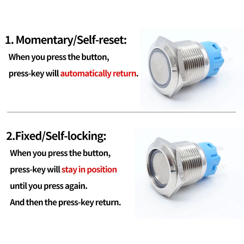 5pcs Metal Push Button Switch Ring Lamp 16mm 19mm 22mm Waterproof LED Light On Off Momentary Latching 5v 12v 24v 220v Red Blue