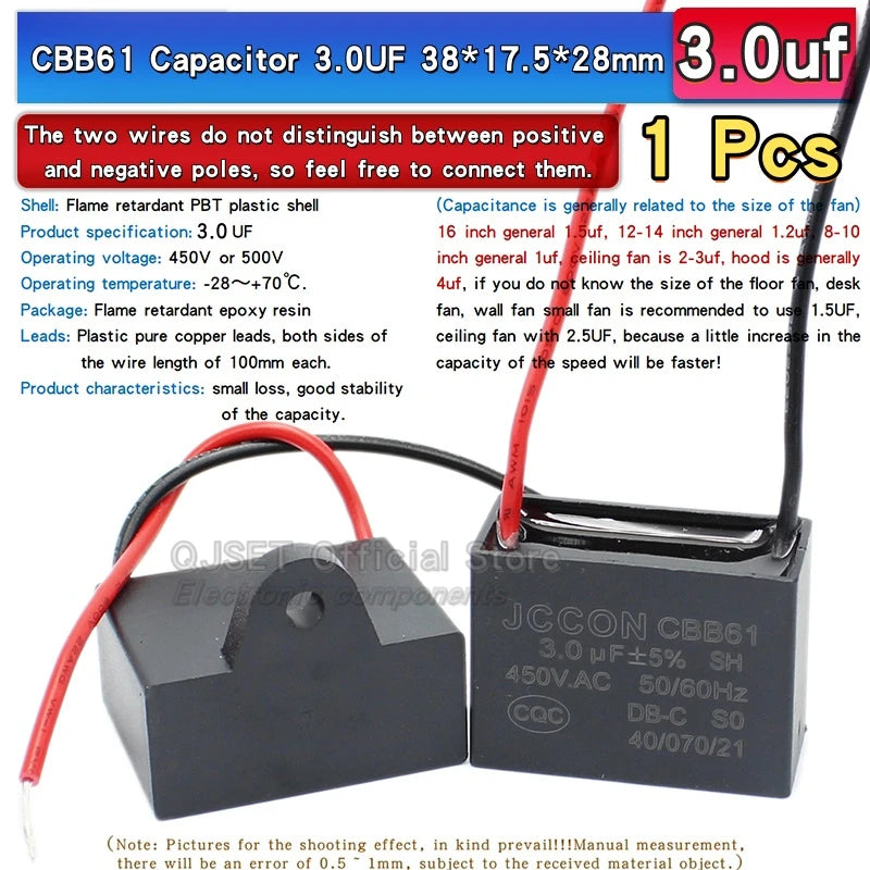 1pcs CBB61 Fan Starting Capacitor 450V 0.8/1/1.2/1.5/2/2.5/3/3.5/4/4.5/5/6/7/8/10/12/15/18/20UF Ceiling Fan Hood Motor Capacitor