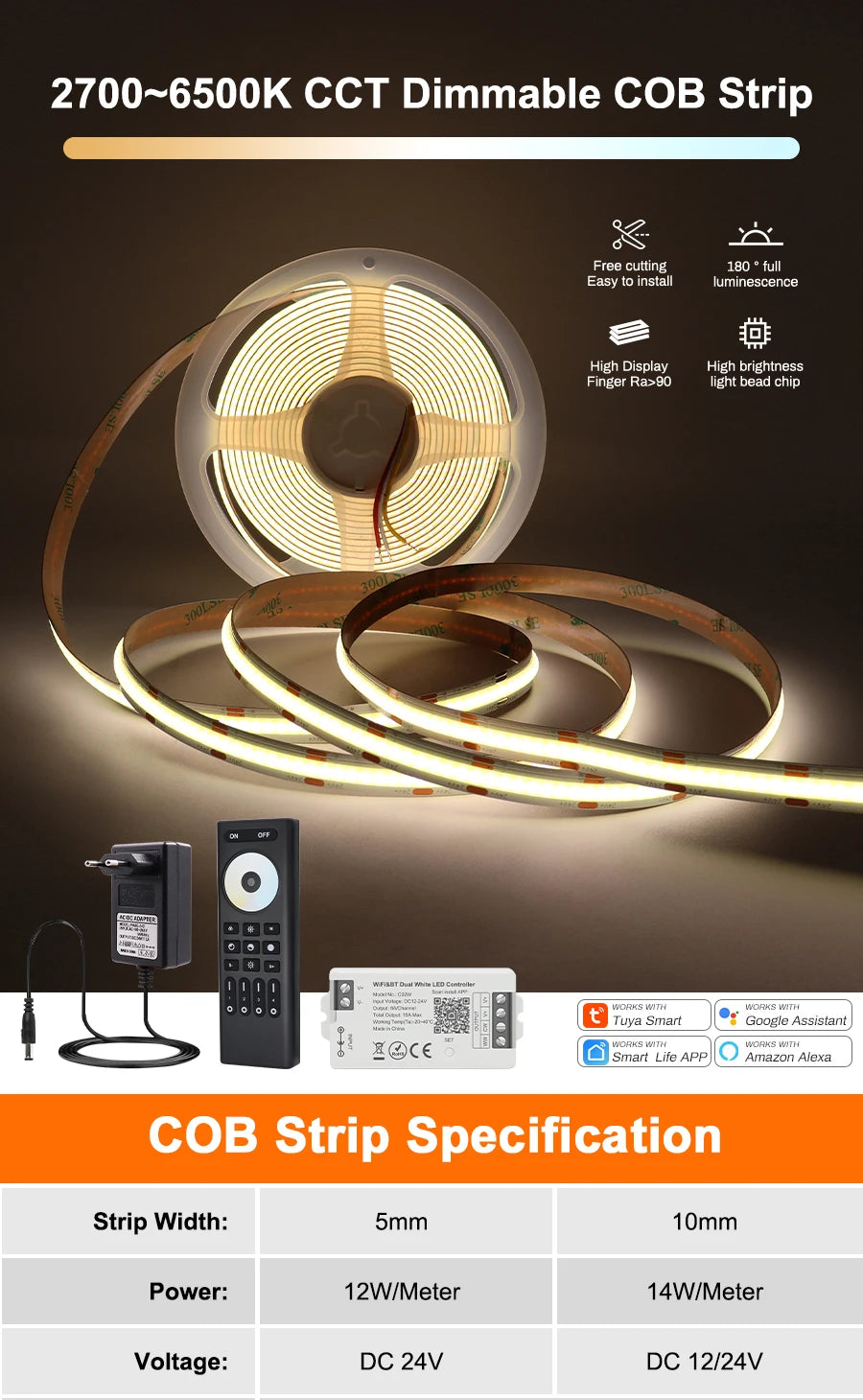 1-10M CCT 2700K-6500K Dimmable LED Strip 5mm 10mm COB LED Strip Light CCT Strip Tuya WiFi Controller Linear LED Tape With Dimmer