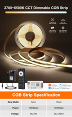 1-10M CCT 2700K-6500K Dimmable LED Strip 5mm 10mm COB LED Strip Light CCT Strip Tuya WiFi Controller Linear LED Tape With Dimmer
