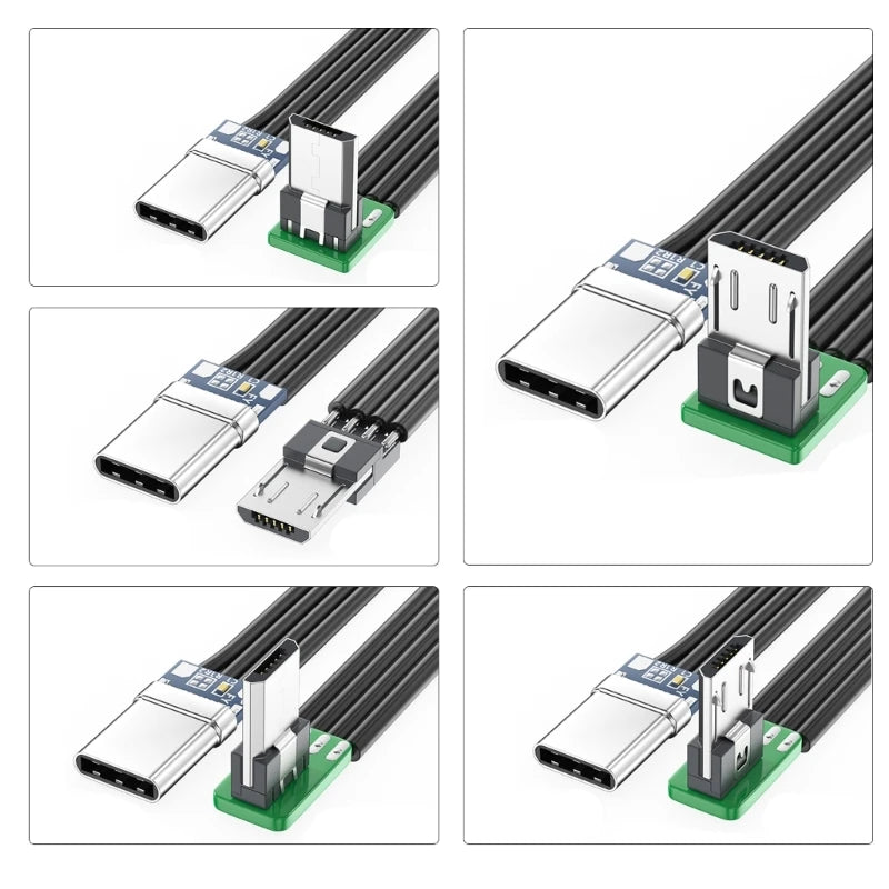 Short FFC USBC Flat Thin Ribbon FPC Cable USB TypeC 90 Degree to MicroUSB for Data and Charging