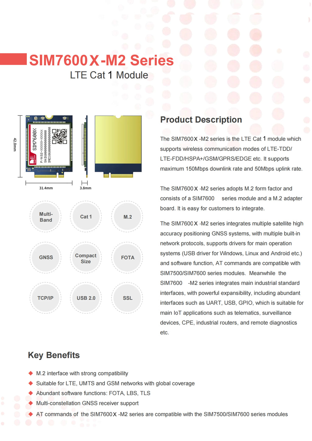4G module SIM7600E-L1C M.2 CAT1 rate chip