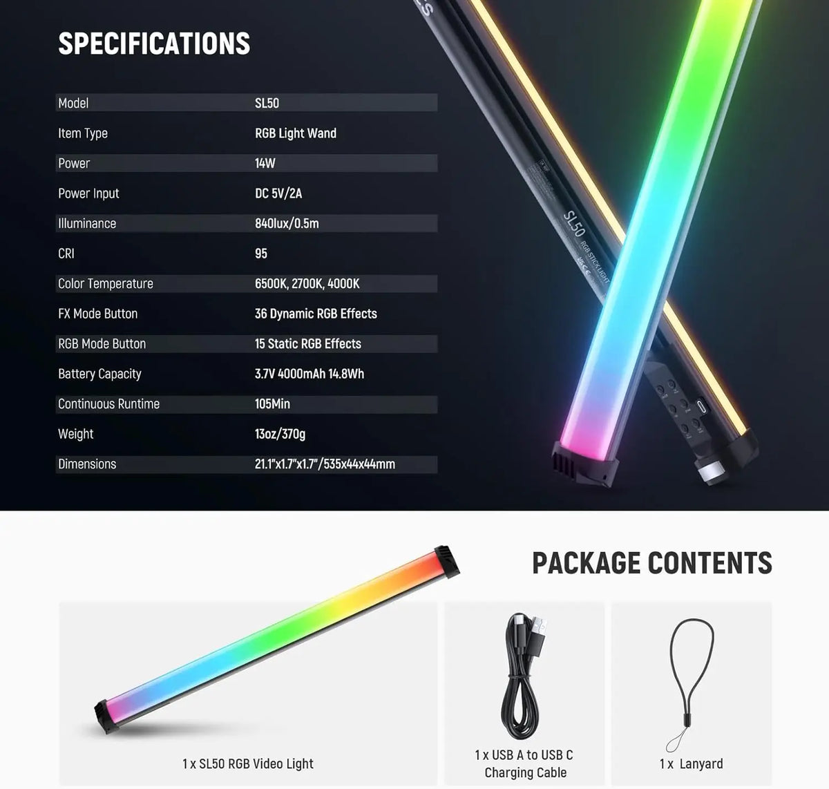 NEEWER Basics 12"/21" Magnetic RGB Light Wand, CRI95 Dimmable 14W LED Handheld Video Tube Lighting Stick with 51 RGB Modes