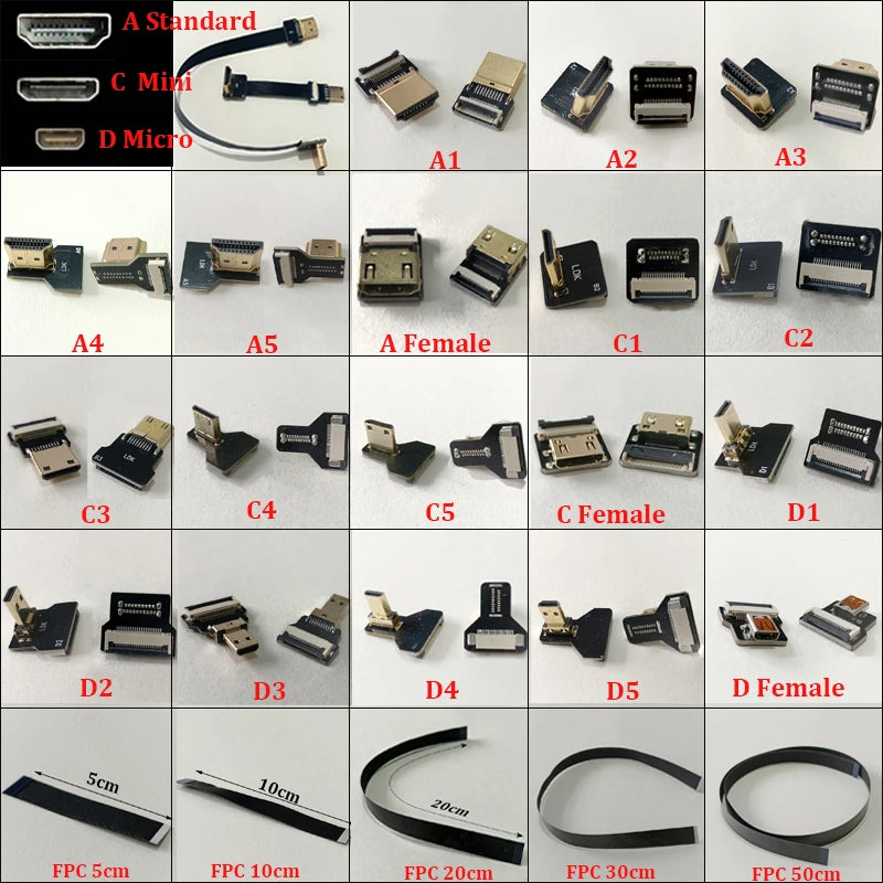 1PC Ribbon Flat FPV HDMI-Compatible Connector Flexible Cable Raspberry Pi 4 Micro HDTV To HD/Mini HD Female 90 Degree FFC 20pin