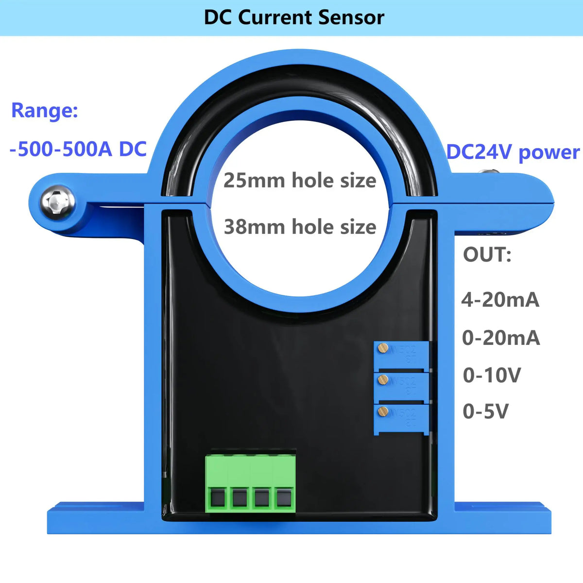 4-20mA Direct Current Transmitter 0-500A AC DC Hall Current Sensor Transducer 25mm Hole 0-10V 4-20mA RS485 Current Transmitter