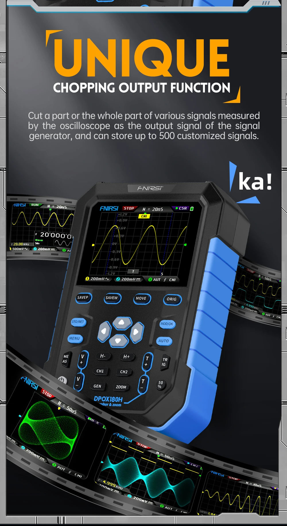 FNIRSI DPOX180H Handheld Digital Phosphor Oscilloscope 180MHz-3DB Analog Bandwidth 500MSPS 2 in 1 Signal Generator XY Mode ZOOM