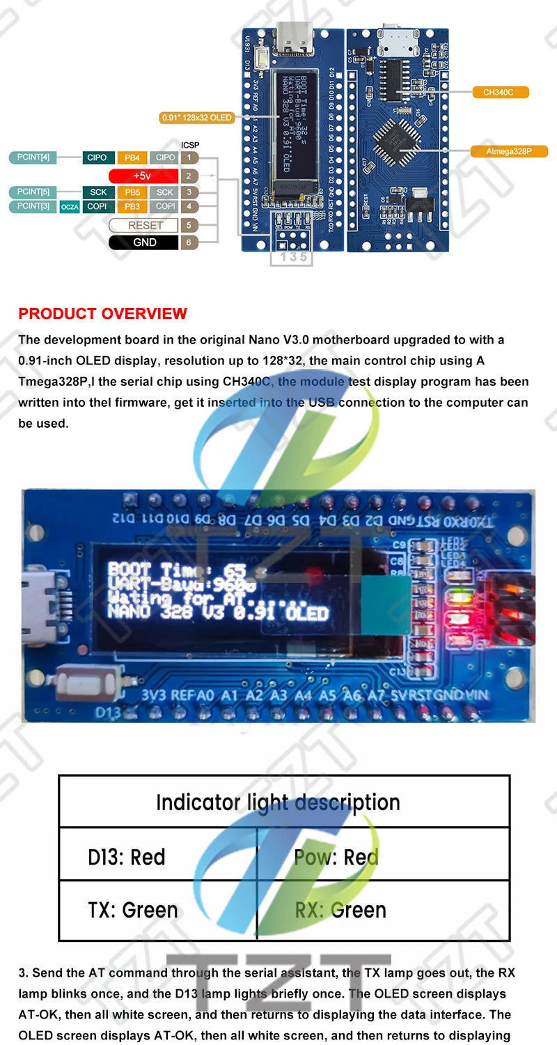 Nano V3.0 Atmega328P Ch340C Built-In 0.91" Oled Display 128*32 Resolution Iic I2C Compatible for Arduino Nano V3.0