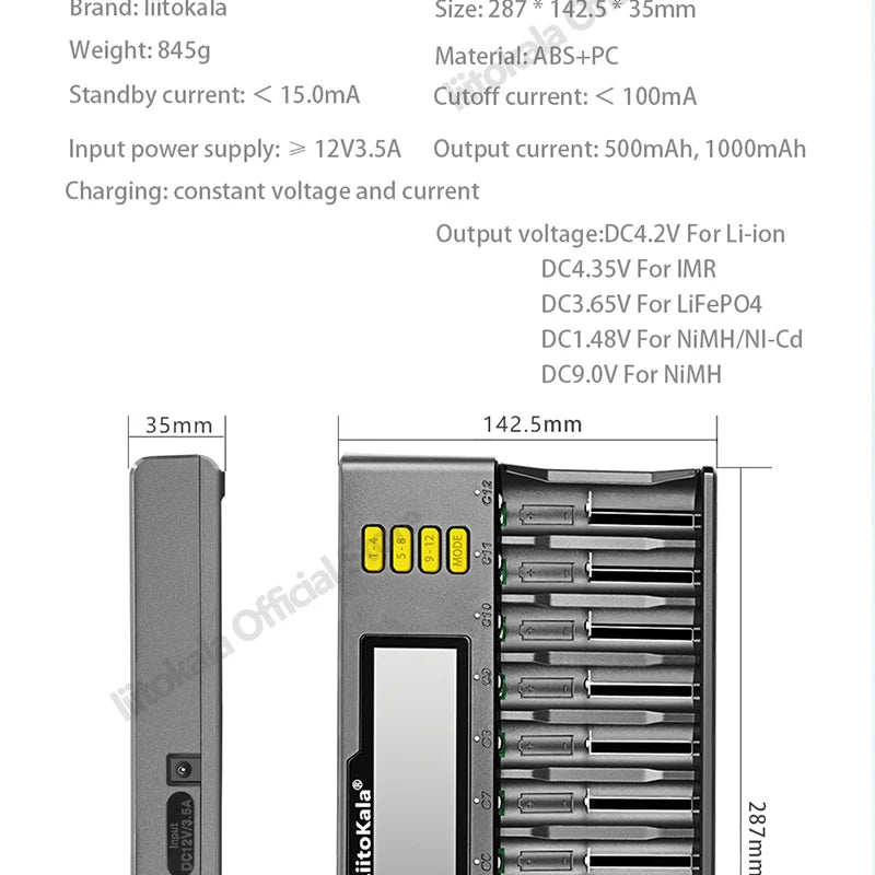 LiitoKala Lii-S12 12-Slot LCD Battery Charger for Li-ion LiFePO4 Ni-MH Ni-Cd 9V 21700 20700 26650 18650 16340 18350 RCR123 18700