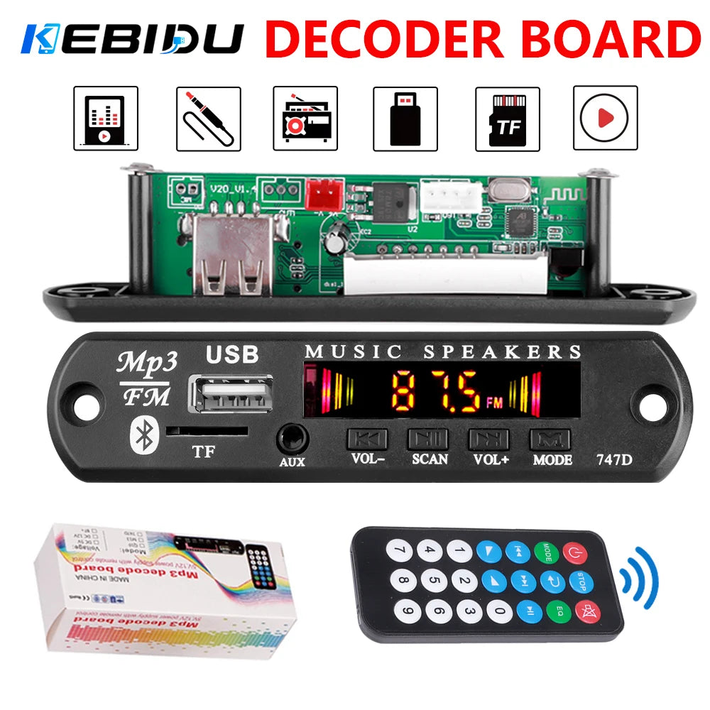 KEBIDU Bluetooth 5.3 MP3 Player DC 12V MP3 Decoder Board Car Wireless Music Player Folder Switching USB TF FM Radio For Speaker