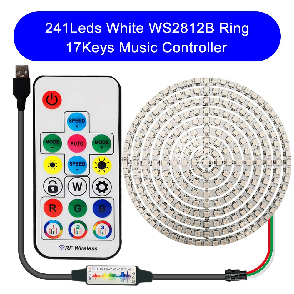 DC5V WS2812B DIY LED Ring 8 to 241 Pixels 5050 RGB Individually Addressable WS2812 Round Modules With 17Keys Music RF Controller