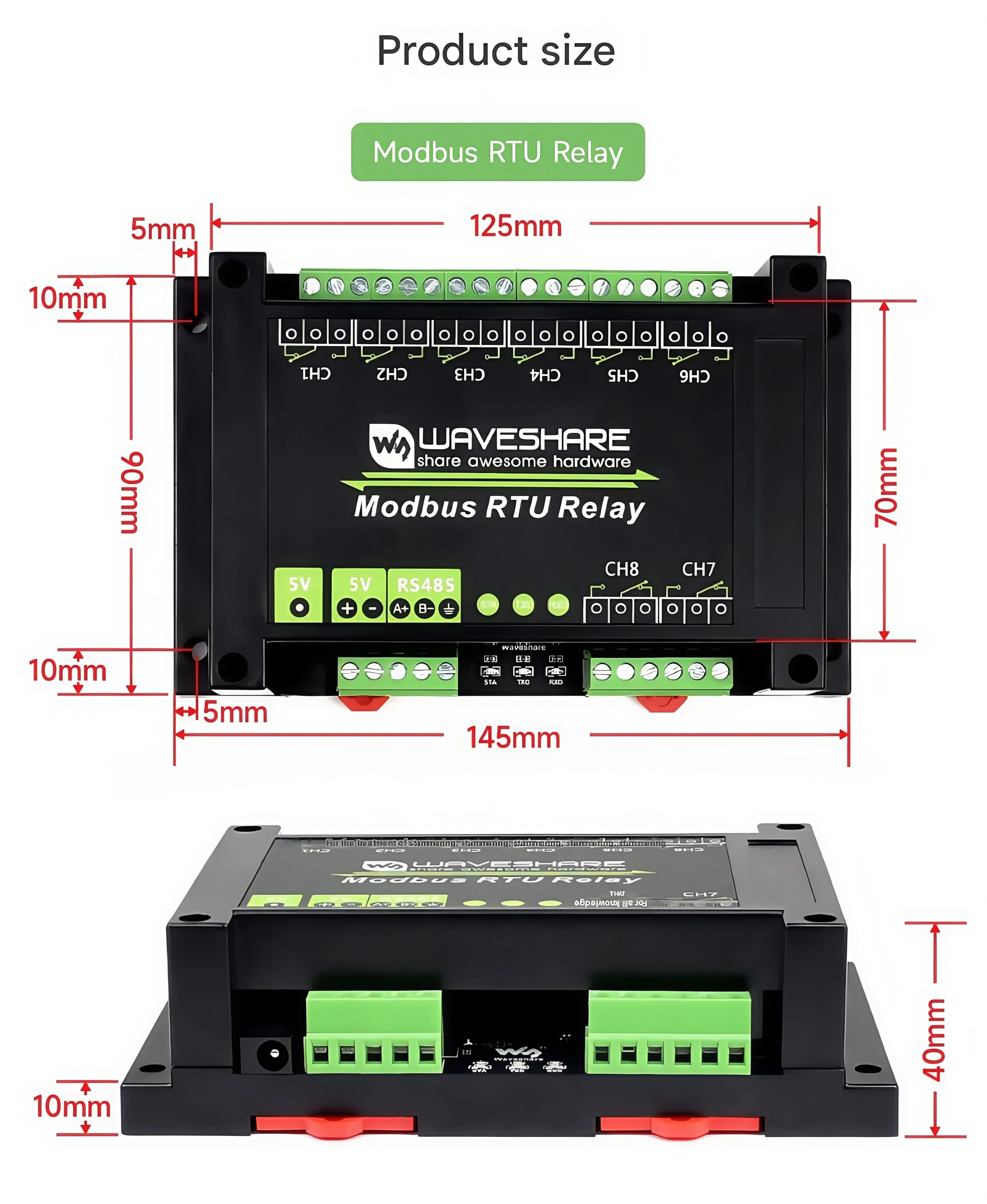 Waveshare Industrial Modbus RTU Relay Module with 8/16/32-channel RS485 interface and isolation