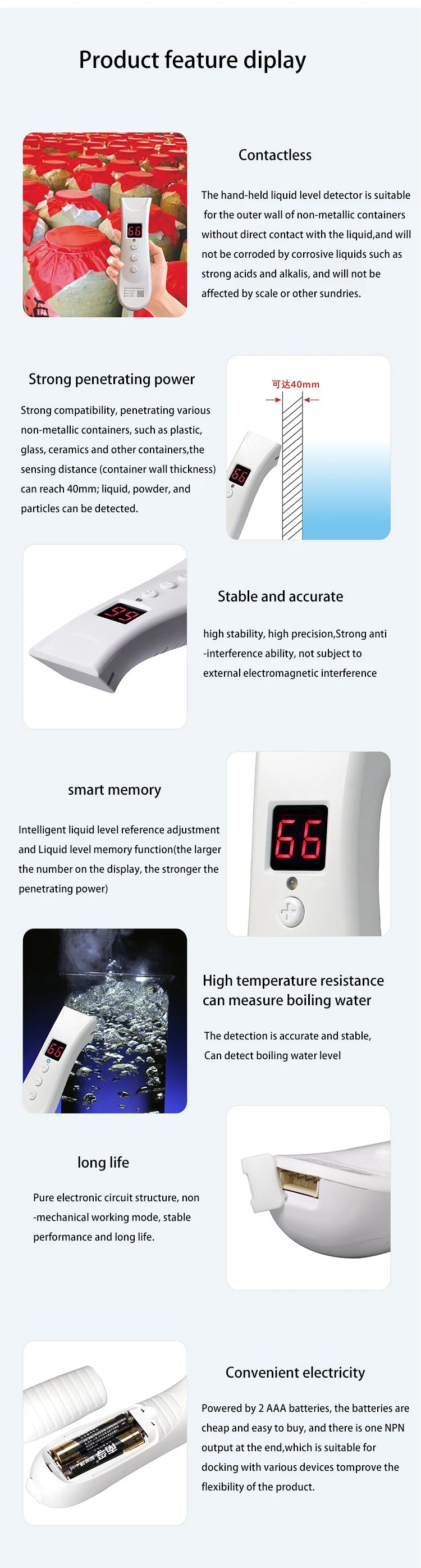XKC-E700 Handheld Water Liquid Wine Level Detector Portable Tank Monitor Pipe Sensors with Built-in Buzzer