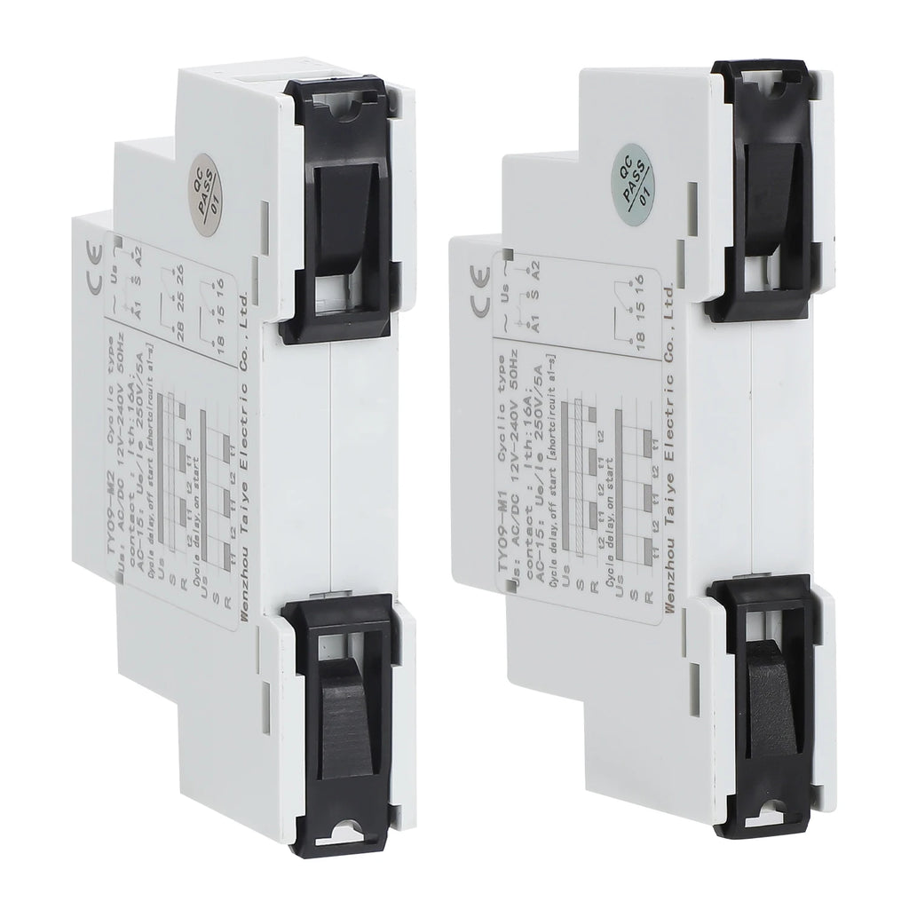 TY09-M1 M2 Cyclic Delay Timer Relay Switch SPDT 220V 16A AC/DC12V-240V 50/60Hz 0.1s-100 Days 2SPDT Din Rail