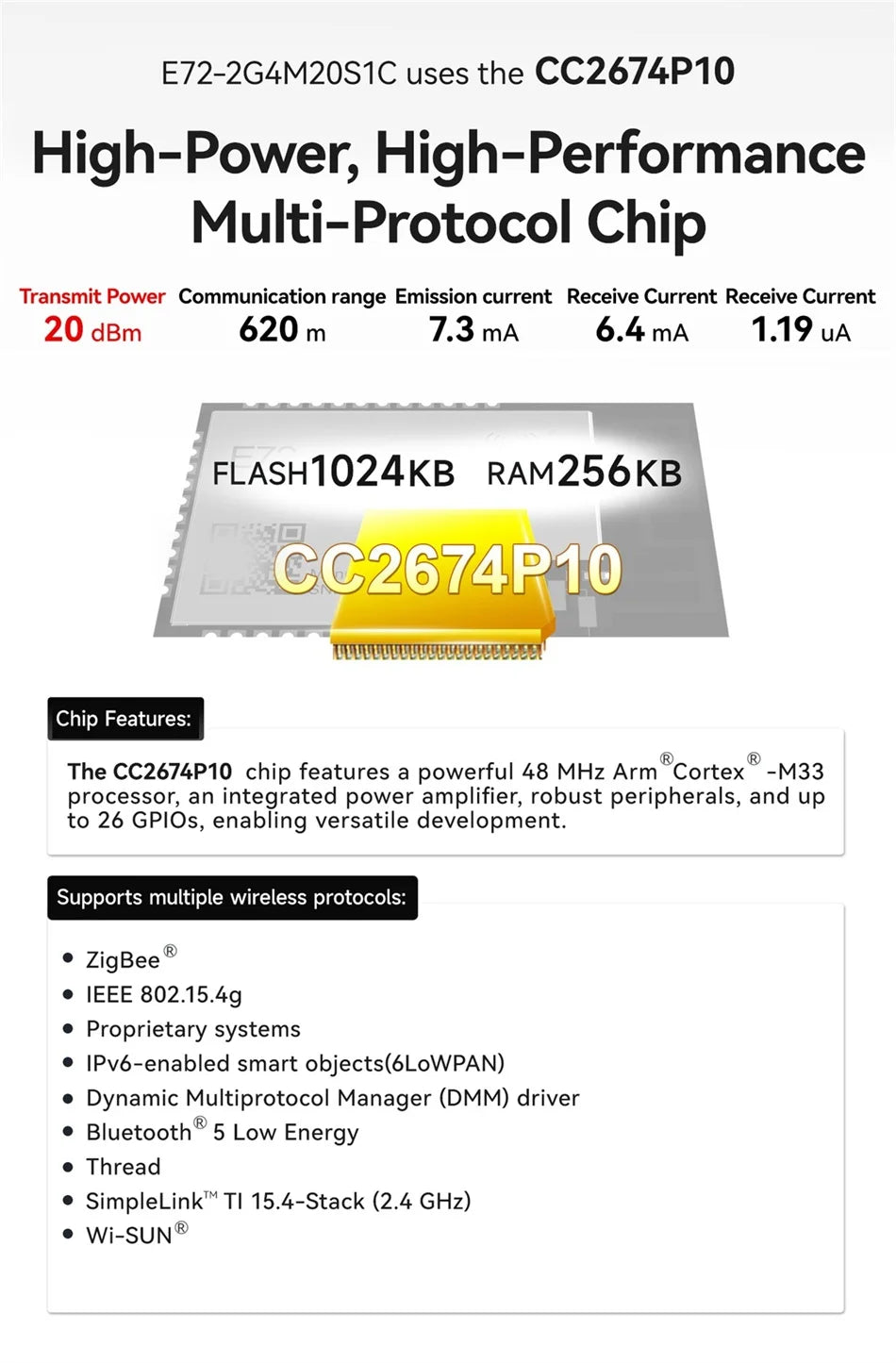 EBYTE E72-2G4M20S1C SoC Series CC2674P10 Wireless Module 2.4GHz BLE Module 20dBm PCB Antenna Small Size Support Multi Protocol