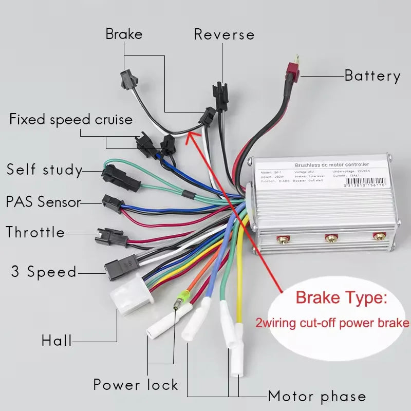Electric Bicycle BLDC Motor Brushless Speed Controller 250W 350W 24V 36V 48V DC With Hall E-Brake Sensor Reverse 13A 6Mosfet