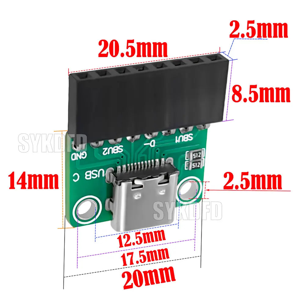 USB 3.1 Type C Connector 16 Pins Type-C Female Socket Receptacle Adapter Type-C 16Pin Adapter Board 8pin 512  Dual Resistor 5.1K