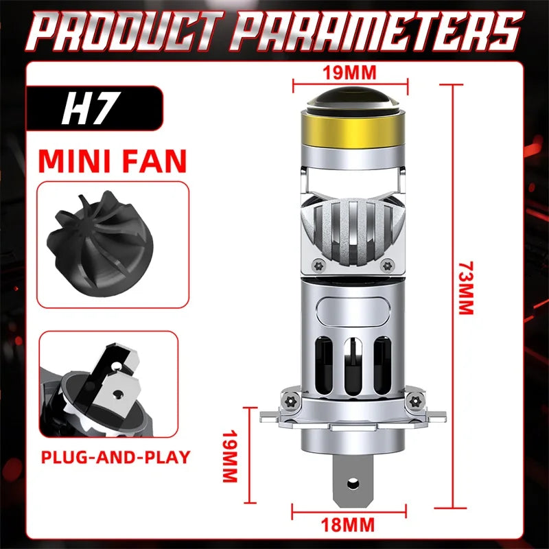 H7 LED Projector Lens 3000W 6000000LM Mini 1:1 H7 Headlight Canbus Fog Bulb Turbo Lamp Motorcycle Light ﻿6500K 12V Wireless Fan