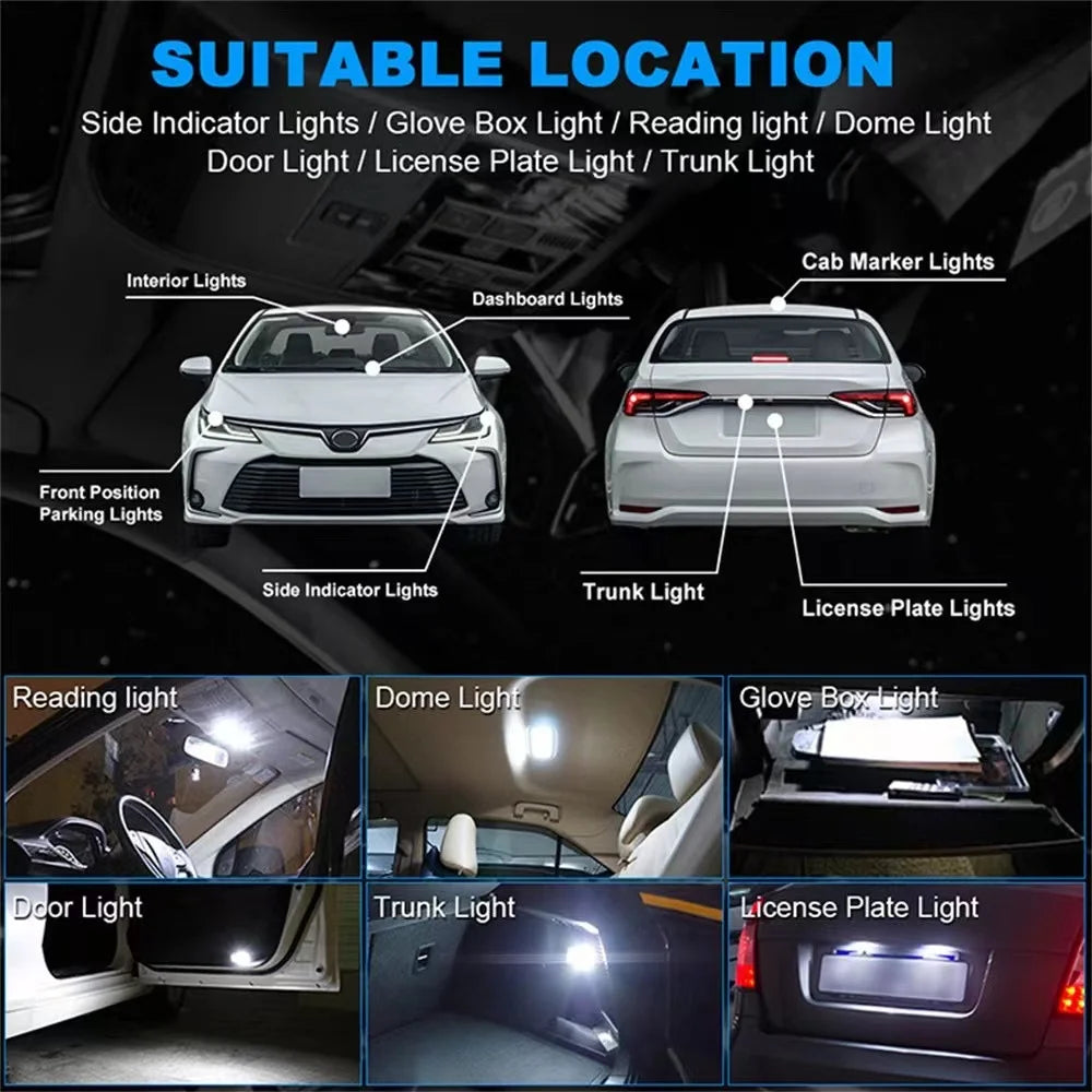 2/10 PCS Super Bright T10 W5W LED Bulbs Canbus 12/24V 7000K White Car Interior Dome Maps Trunk License Plate Wedge Side Lights