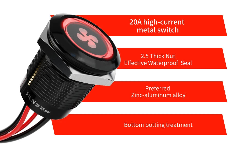 2pcs 19mm Blue LED Latching Push Button Switch, 12V-24V Wide Voltage 20A IP67 Waterproof Marine Switch with 180 Symbols for Car