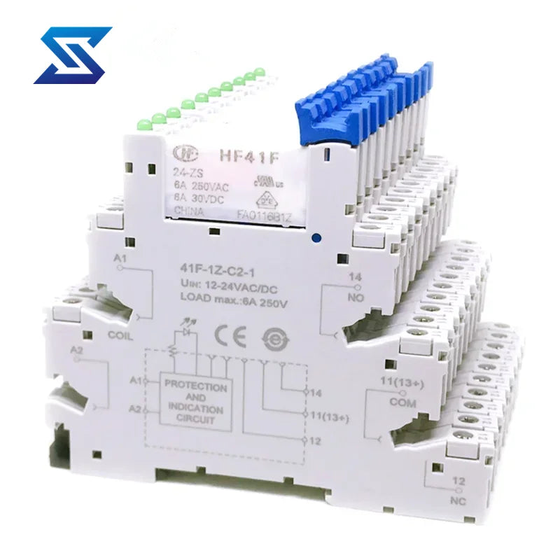 10Pcs 41F-1Z-C2-1 HF41F 5-ZS 12-ZS 24-ZS 5V 12V 24V 230V 6A 1CO Slim/SSR Relay Mount On Screw Socket with LED Wafer Relay