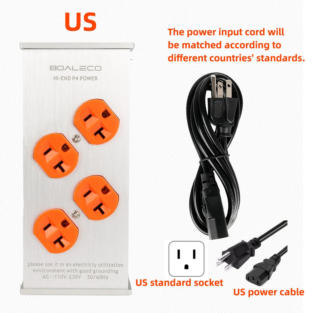 BOALECO P4 Hi-end US Plug HiFi Audio Power Filter Noise  Reduction AC Power Filter 110V-230V Purifier Surge Protection With VU
