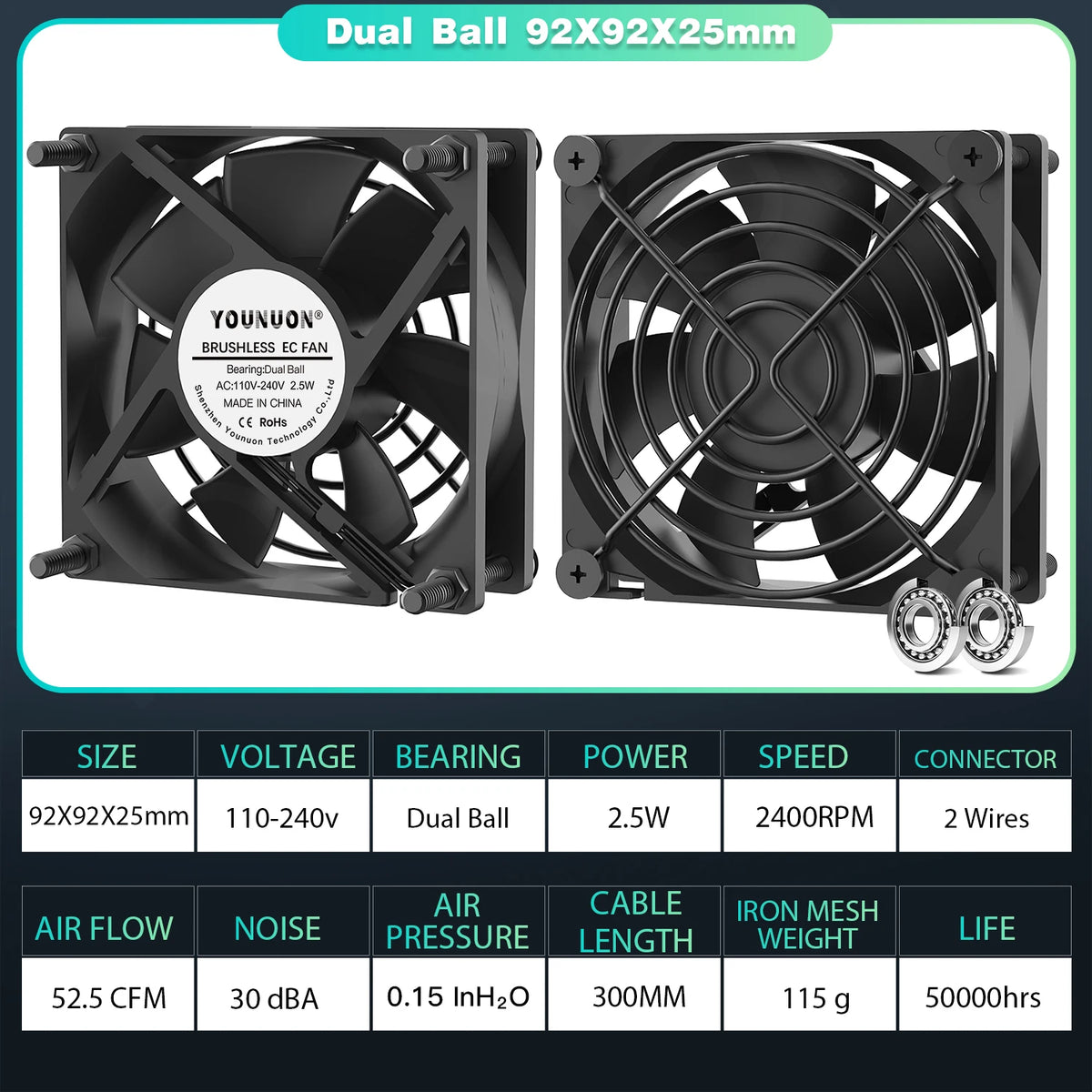 YOUNUON 60mm 80mm 90mm 120mm EC Brushless Fan AC 110V 115V 120V 220V 240V Axial Fan with Srews/Grill 6025 8025 9225 12025 12038
