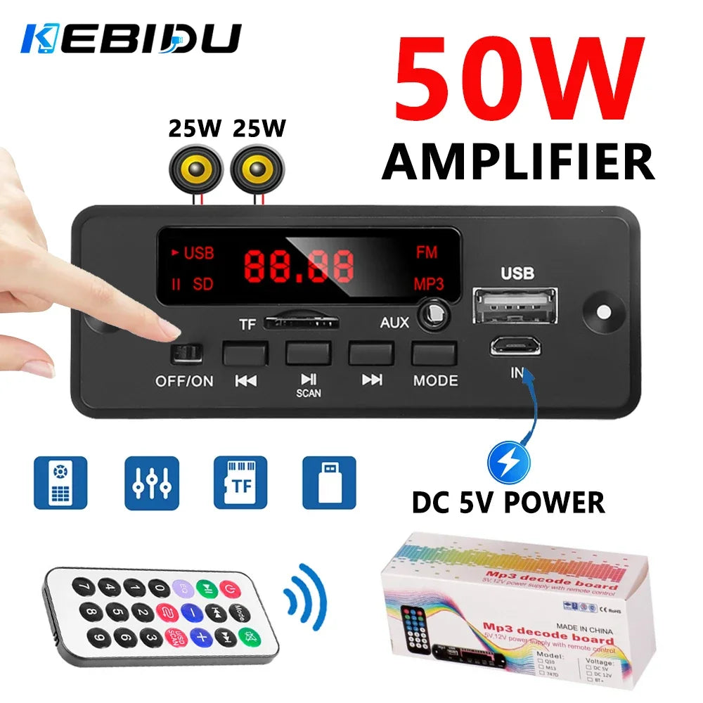 KEBIDU 50W Amplifier Bluetooth MP3 Player DC 12V MP3 Decoder Board Wireless Car Audio Moudle TF AUX FM Radio Charging For Speake