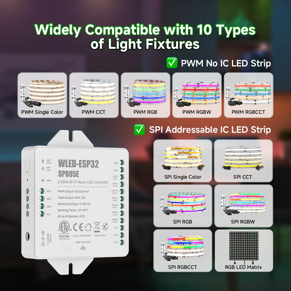 SP805E ESP32 WLED Controller WiFi Music LED Controller for Addressable WS2811 WS2812 WS2814 WS2815 SK6812 PWM CCT RGB Cob Strips