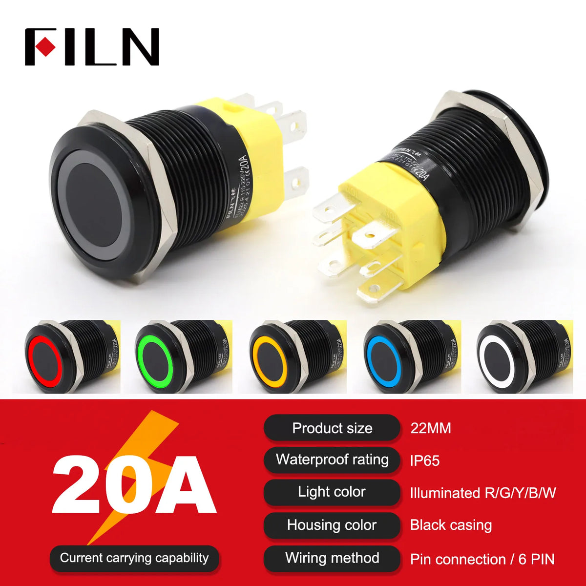 19mm 22mm 20A 12V 24V 110V 220V High Current IP68 Waterproof Flat Ring Round Push Button Switch Metal Stainless Steel 20cm Wire