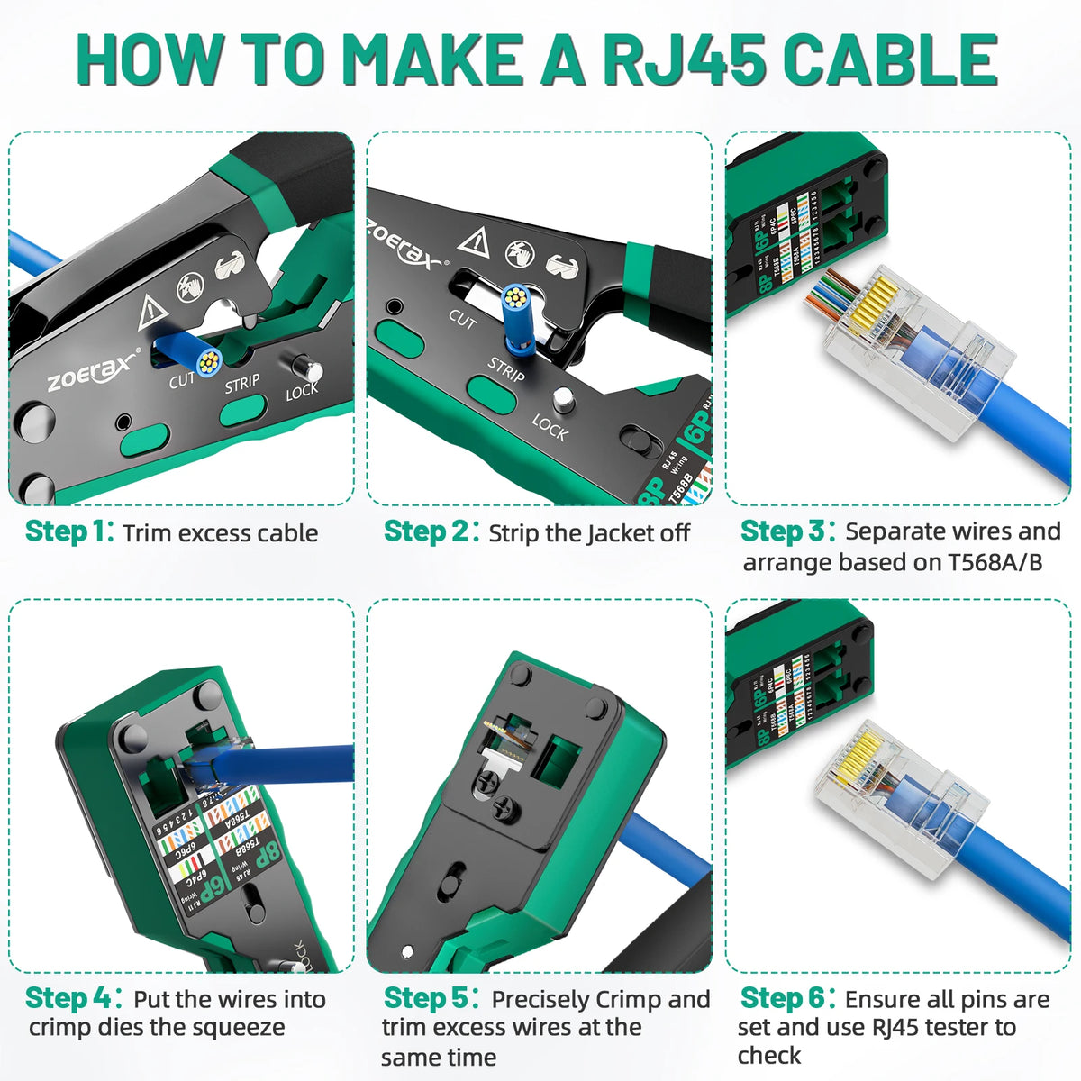 ZOERAX RJ45 CAT6 CAT5E Pass Through Crimp Tool Network Crimping Tool For Cat5 Cat5e Cat6 8P8C Connector with Spare blade