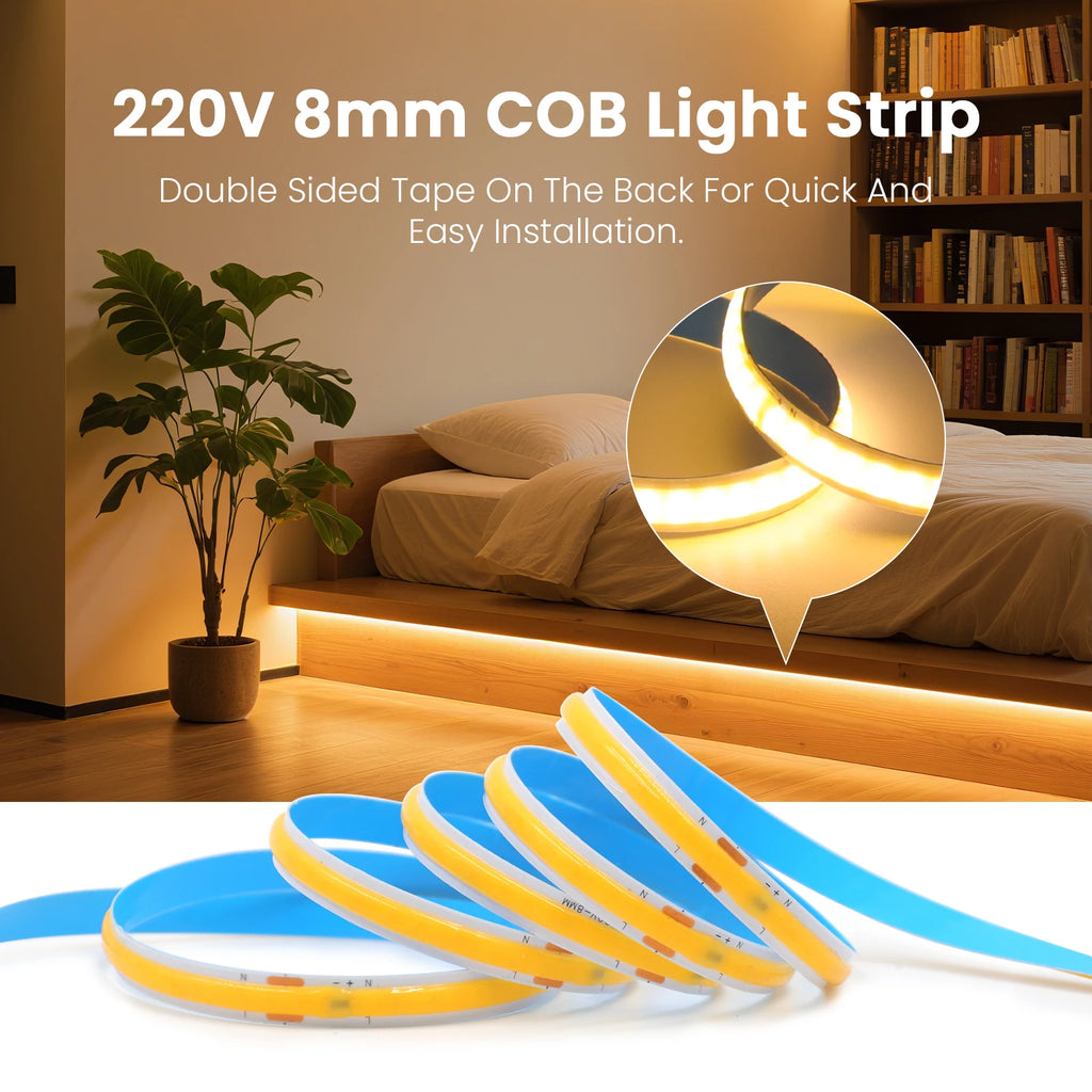 220V 110V 5m-20m COB LED Strip Light with EU/US Plug/2pin Wire 3000K 4000K 6500K 240LEDs/m Linear Lighting Flexible Tape Lights