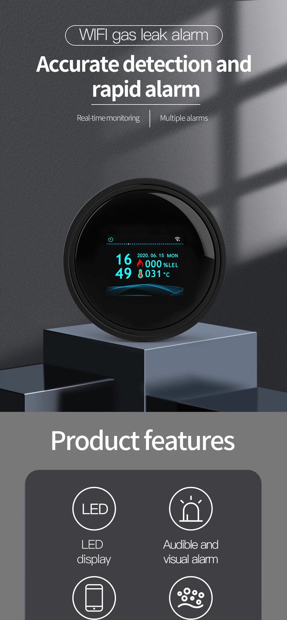Tuya Wifi Leak With Temperature Function Combustible Gas Detectors Support Home Smart Life Natural Gas Alarm Sensor LCD Display