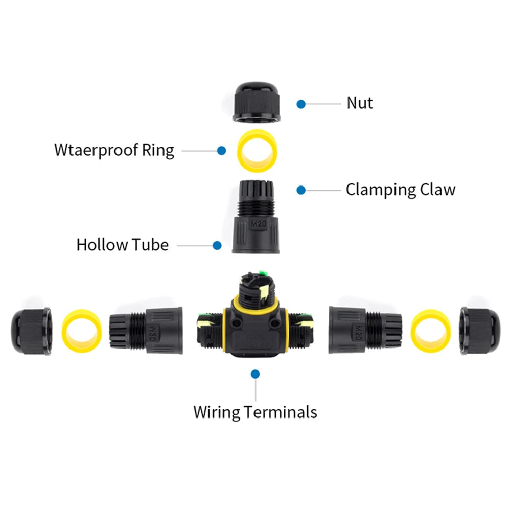 IP68 M20T Quick Outdoor Waterproof T Shape Connector 2/3 Pin Screw Electric Wire Terminal Adapter Home For LED Lighting 16A/380V
