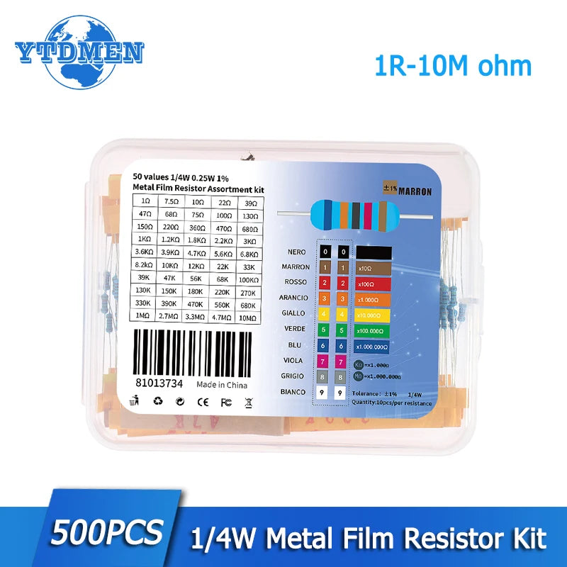 500/2500PCS Metal Film Resistor Assorted Kit 1/4W 1% 1R~10M ohm Resistance Diy Electronic Kit