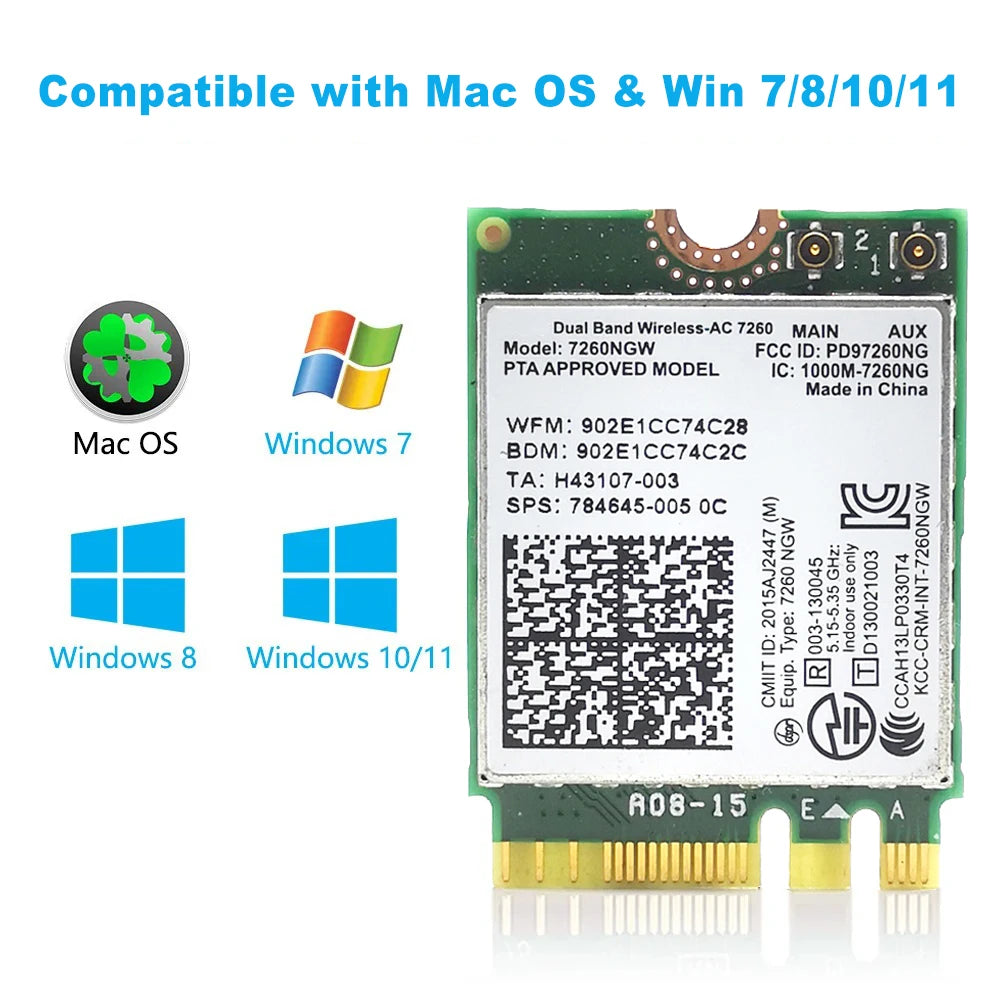Kebidumei 7260 AC Bluetooth 4.0 WiFi 1200Mbps Wireless M.2 NGFF Wifi Network Card 802.11AC Dual Band 2.4G 5G For Laptop 7260NGW
