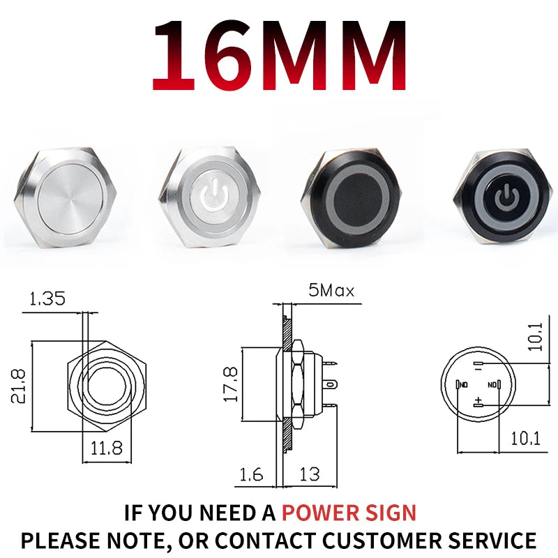 12/16/19/22/25/30mm Short Stroke Mini Waterproof Metal Push Button Switch Power Led Light Momentary 5/12/24/220V Black 1NO