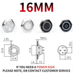 12/16/19/22/25/30mm Short Stroke Mini Waterproof Metal Push Button Switch Power Led Light Momentary 5/12/24/220V Black 1NO