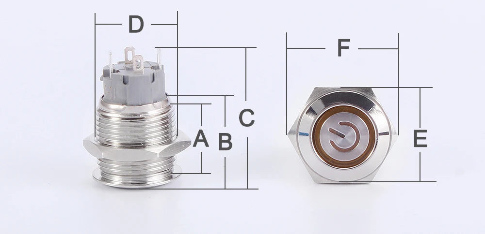 16mm Waterproof Metal Push button Switches With LED Light Flat Head 19mm Momentary self-Reset or Latching With Fixing 4Pins 12V