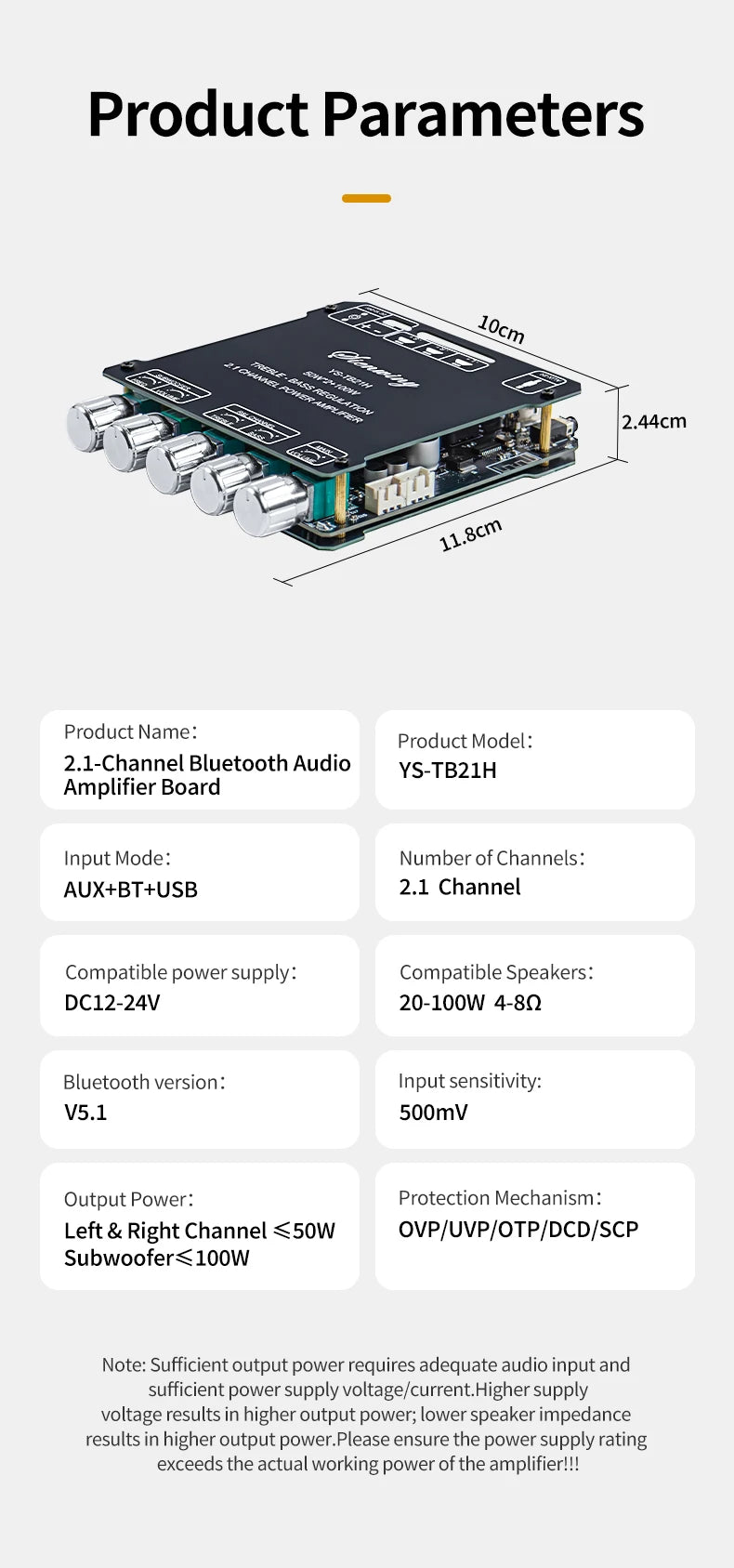 YS-TB21H TPA3116 Bluetooth 5.1 Audio Amplifier Board 2.1 Channel 50Wx2+100W Subwoofer APP Control HiFi Stereo Power Amp