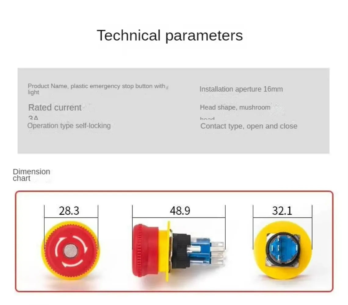 16MM Red Illuminated Rotary Emergency Stop Button Switch Wired with Light 1NO1NC Rotate Reset Welding Pin Knob Plastic Switches