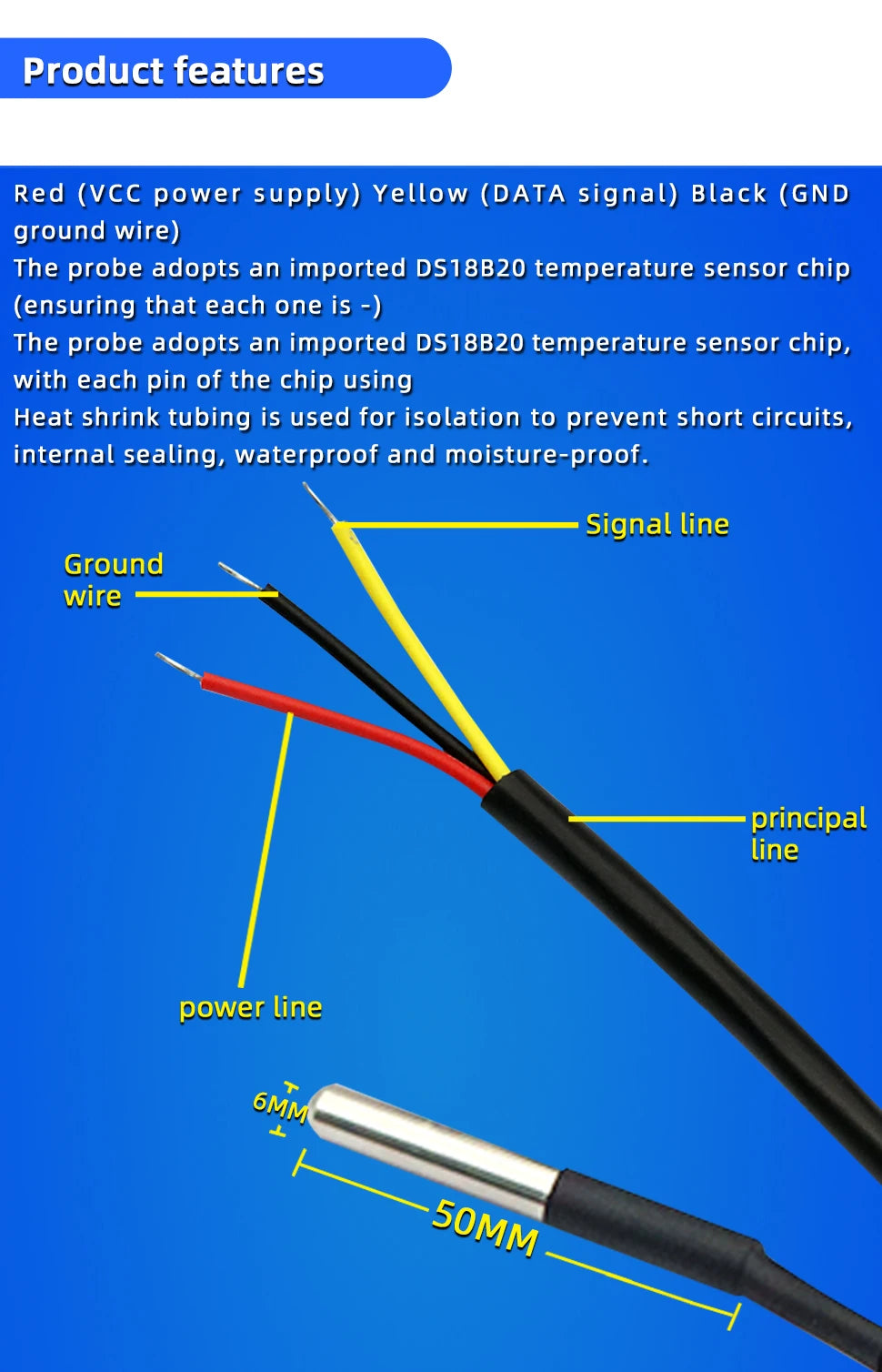 1PCS DS18B20 Temperature Probe Sensor Stainless Steel Package Waterproof Digital Temperature Sensor 1M/2M/3M