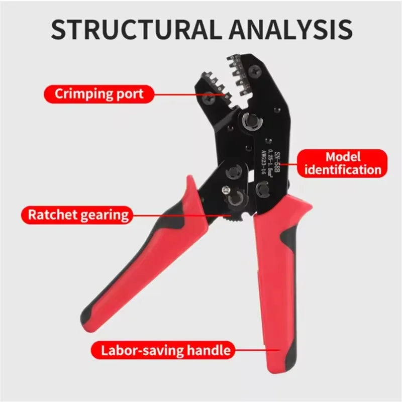 Versatile Ratchet Crimping Tool Set for Open Barrel Terminals Including Dupont, Molex, JST, TE, and SATA Pins