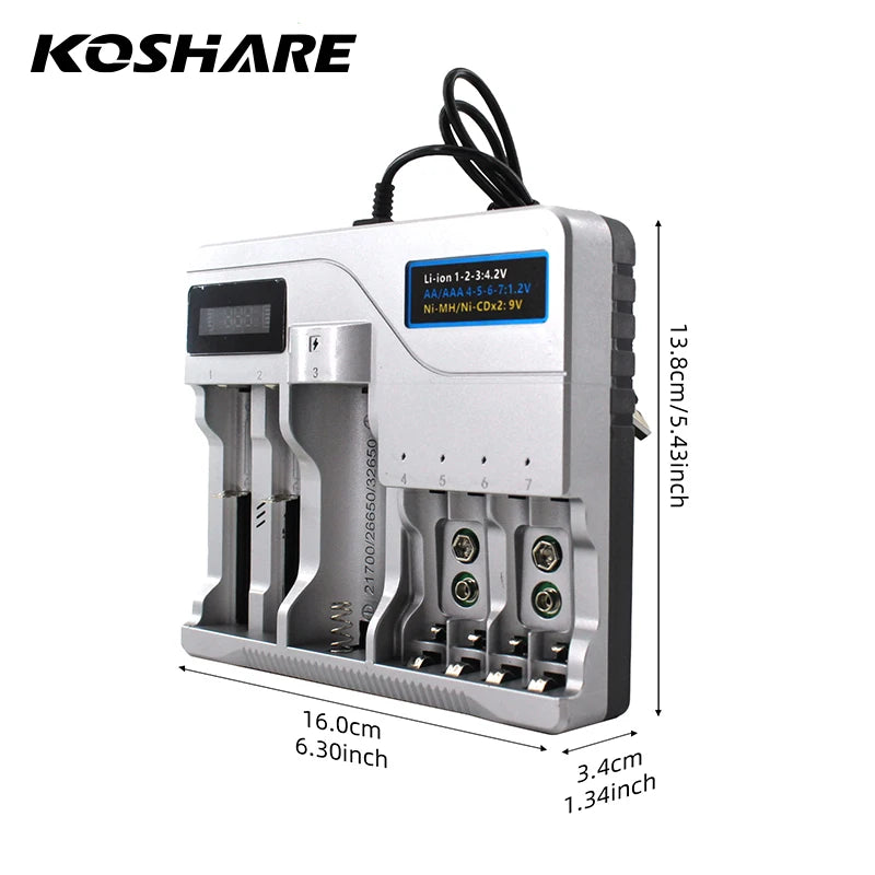 KOSHARE LED Smart Battery Charger For AA AAA Ni-MH Ni-Cd 9V Batteries 18650/16340/14500/21700 /26650/32650 Lithium Battery