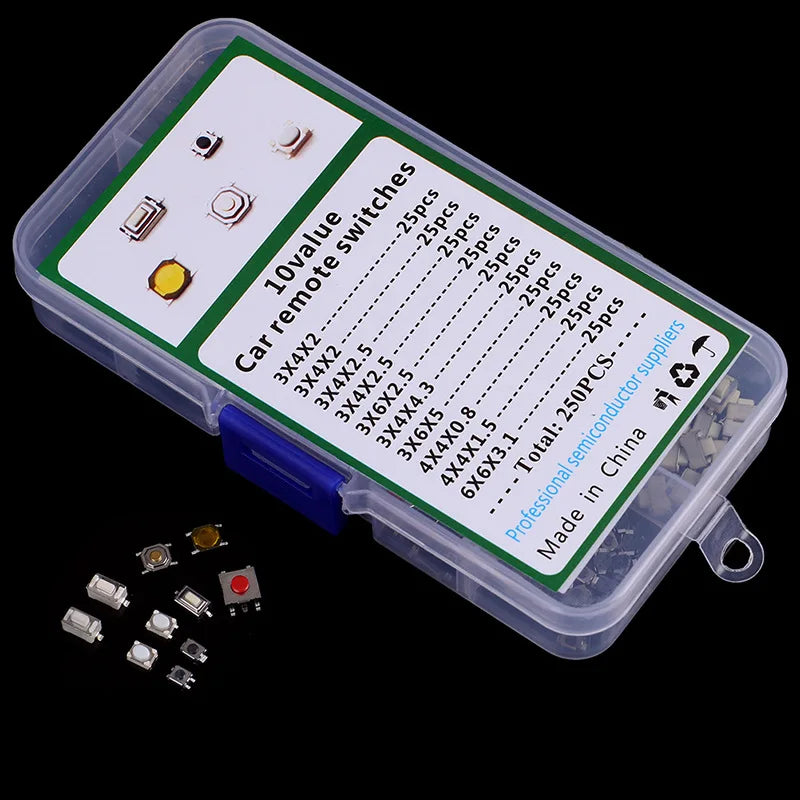 250Pcs 10 Types Car Remote Key Switch Button Kit SMD Tactile Push Switch 44 36 Micro Mini Keys Assortment Pack for Auto Remote C