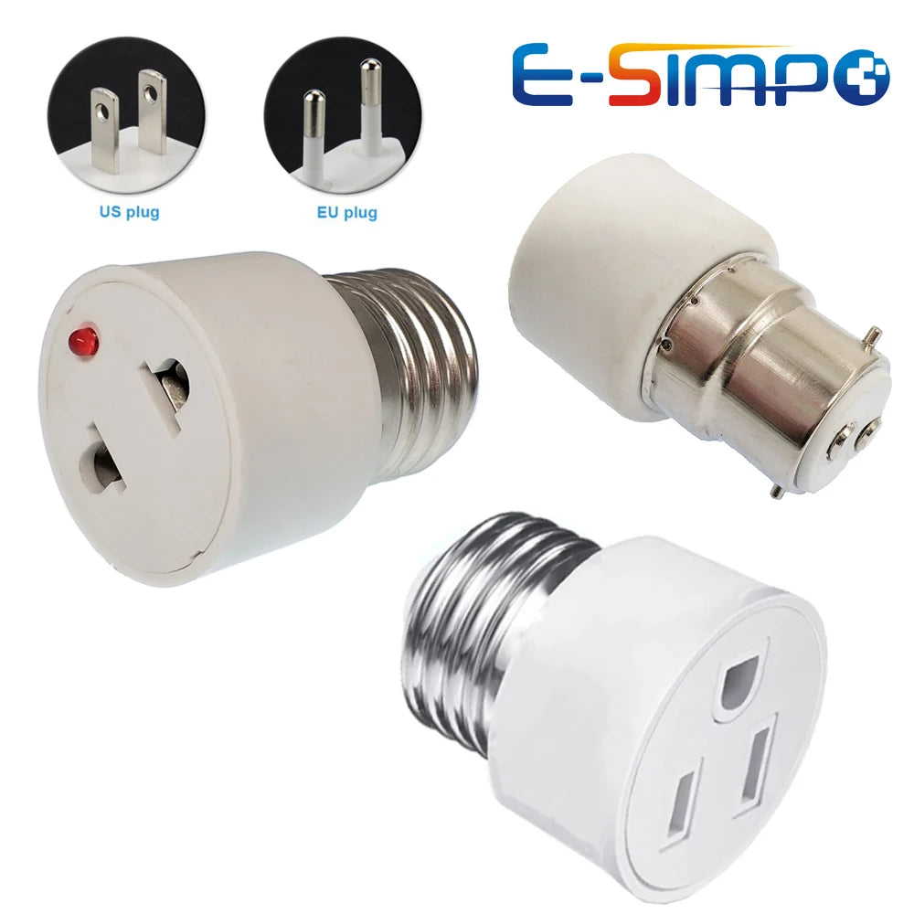 2pc E26 E27 Screw B22 Bayonet Rated 220V6A  Lamp Holder Light Base Socket to US EU AC Power Cord Outlets Plug Adapter Converter