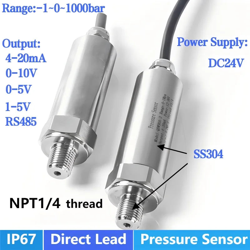 NPT1/4 Pressure Sensor 4-20mA 0-10V 0-600bar Direct Lead Pressure Treansducer IP67 Direct Lead Pressure Transmitter 100bar 50bar