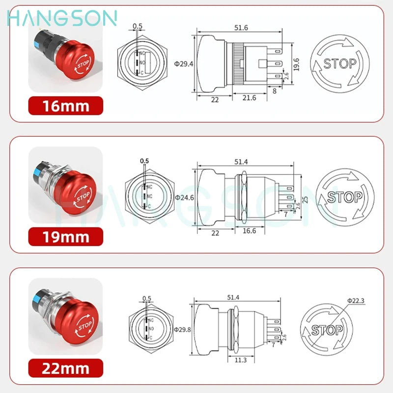 Metal Emergency Stop Push Button Switch Latching 12V-250V Stainless Steel Red Mushroom 16 19 22 25MM 1NO1NC Momentary