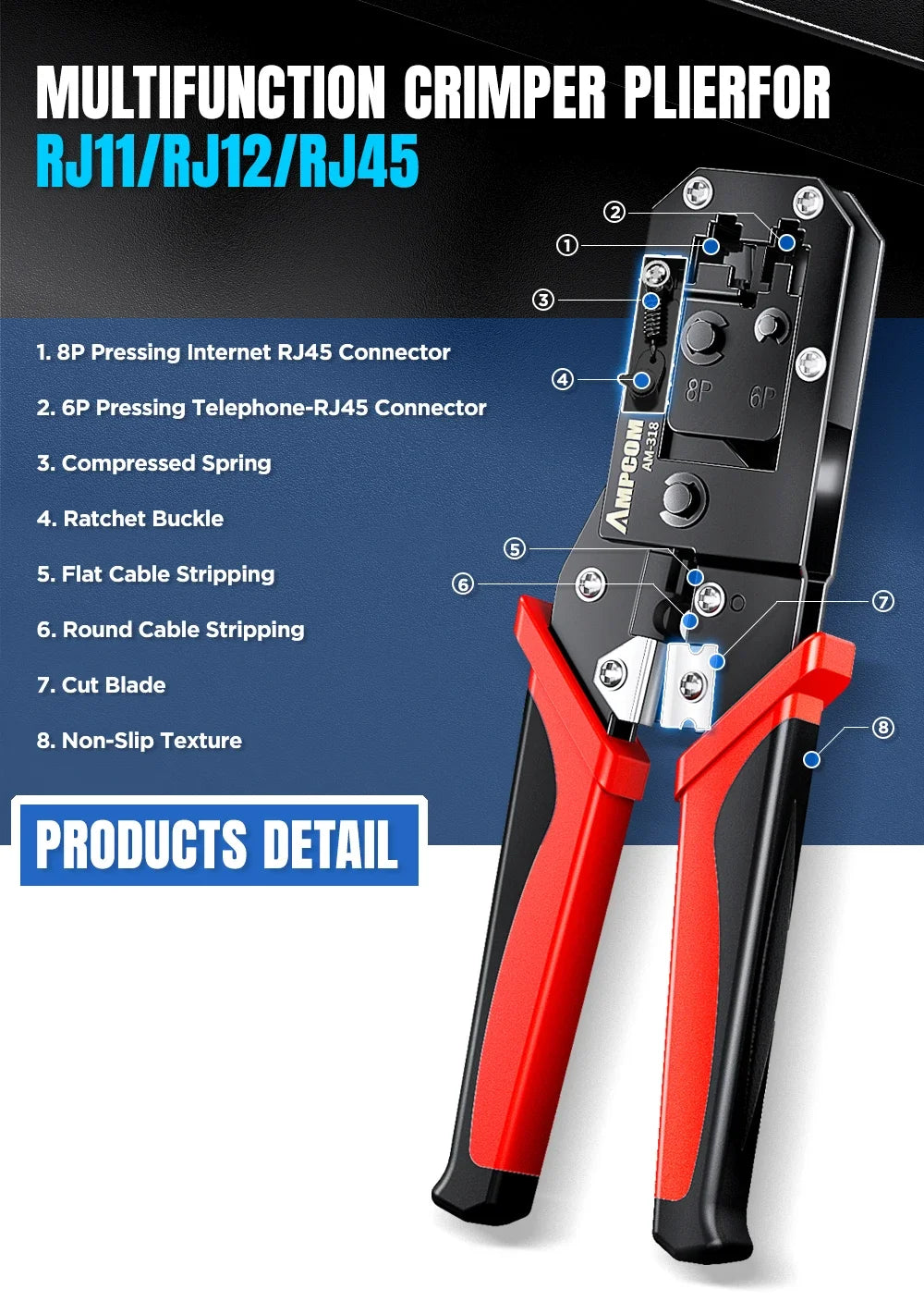 AMPCOM RJ45 Crimping Tool Ethernet Network LAN Cable Crimper Cutter Stripper Plier 8P RJ45 6P RJ12 RJ11 for Modular Connector
