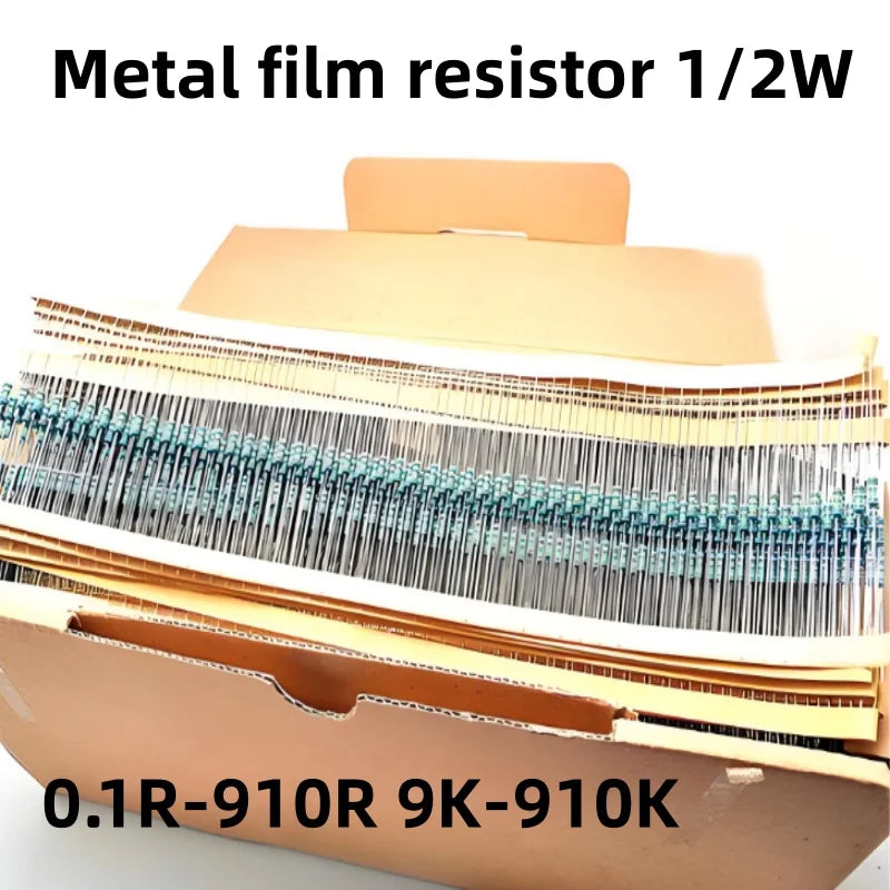 100PCS 1/2W 0.5W Metal film resistors 1% accuracy 10R-1M ohms 100R 220R 1K 2.2K 4.7K 10K 100K 470K DIY repair circuit