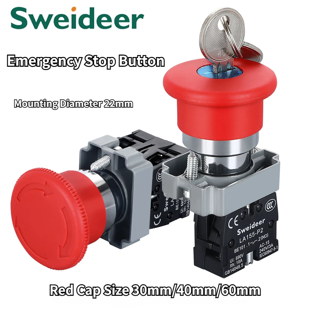 220V Emergency Stop Button Switch Rotate Locking XB2-BS542 BS442 BS642 BS142 10A Key Power Starter for Electrical Panelboad 22MM